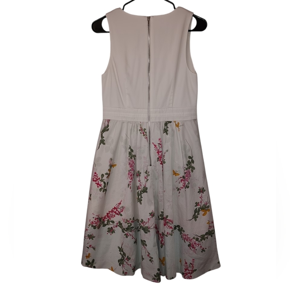 Ted Baker White Floral V-Neck Midi Dress with Pink & Green Floral Print And Bow - Picture 3 of 4